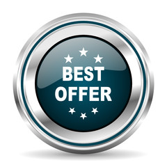 Best offer vector icon. Chrome border round web button. Silver metallic pushbutton.