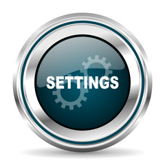Settings vector icon. Chrome border round web button. Silver metallic pushbutton.