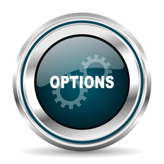 Options vector icon. Chrome border round web button. Silver metallic pushbutton.