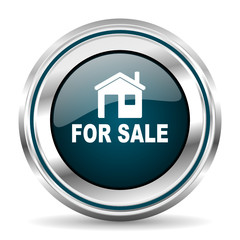 Home for sale vector icon. Chrome border round web button. Silver metallic pushbutton.