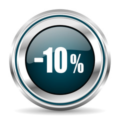 10 percent sale vector icon. Chrome border round web button. Silver metallic pushbutton.