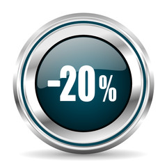 20 percent sale vector icon. Chrome border round web button. Silver metallic pushbutton.