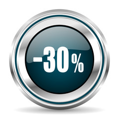 30 percent sale vector icon. Chrome border round web button. Silver metallic pushbutton.