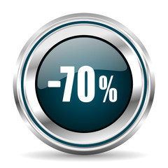 70 percent sale vector icon. Chrome border round web button. Silver metallic pushbutton.