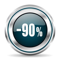 90 percent sale vector icon. Chrome border round web button. Silver metallic pushbutton.