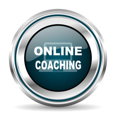 Online coaching vector icon. Chrome border round web button. Silver metallic pushbutton.