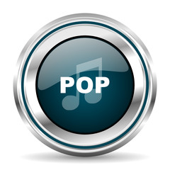 Pop music vector icon. Chrome border round web button. Silver metallic pushbutton.