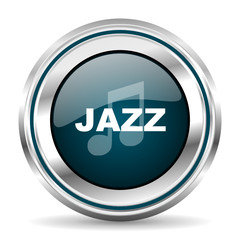 Jazz music vector icon. Chrome border round web button. Silver metallic pushbutton.