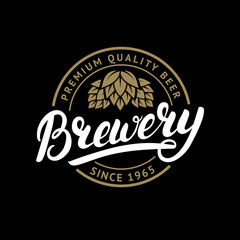 Brewery hand written lettering logo, label, badge template with hop for beer house, bar, pub, brewing company, tavern, wine whiskey market.