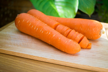 fresh carrots on wooden board