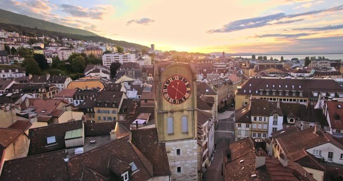 Aerial view of Vintage Bell-Tower in Neuchatel, Switzerland