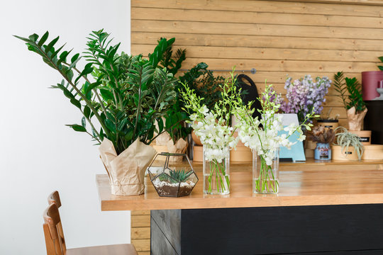 Flower shop interior detail, small business of floral design studio