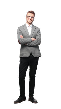 full body picture of a business man with arms crossed on white background