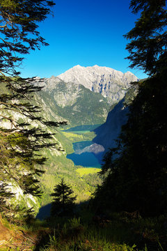 View of the deep valley with lakes of Obersee and Königsee, Bertechsgaden National Park, Germany