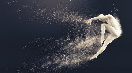 Abstract white plastic human body mannequin with scattering particles over black background. Action dance jump ballet pose. 3D rendering illustration - obrazy, fototapety, plakaty