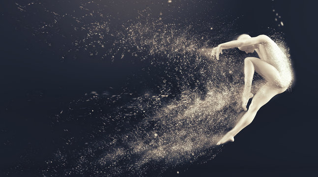 Abstract white plastic human body mannequin with scattering particles over black background. Action dance jump ballet pose. 3D rendering illustration