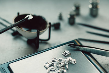 Jewelry tools. Jewellery. Goldsmith workplace, workspace on light background. Hand craft. Workshop....