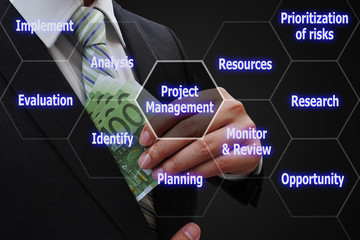 Business man  putting euro banknotes in suit pocket with virtual