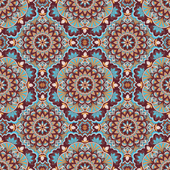 Oriental seamless pattern. Colored square Arabic, Indian, American, Moroccan ethnic ornament such as adult coloring book, batik, t-shirt print. Mandala. Vector illustration.