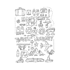 World Travel. Hand drawn. Planning summer vacations. Summer holiday, journey, traveling set of icons. Tourism and vacation theme. Flat design vector illustration.