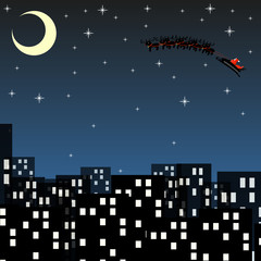Fototapeta premium The night sky city, Santa Claus with deer, vector