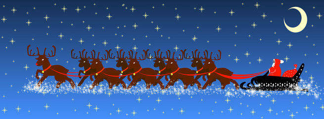 Santa Claus in a sleigh with reindeer, stars, night, vector