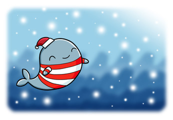 Funny and cute whale wearing shirt and santa's hat with blue dark sea snowy background - illustration.