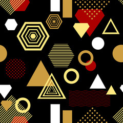 Abstract seamless pattern in postmodern Memphis Style black gold red
