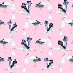 Seamless pattern with Stork and baby.Watercolor hand drawn illustration.Newborn girl picture.Pink background.