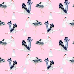 Stof per meter Vlinders Seamless pattern with Stork and baby.Watercolor hand drawn illustration.Newborn girl picture.Pink background.
