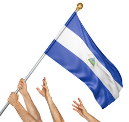 Team of peoples hands raising the Nicaragua national flag, 3D rendering isolated on white background