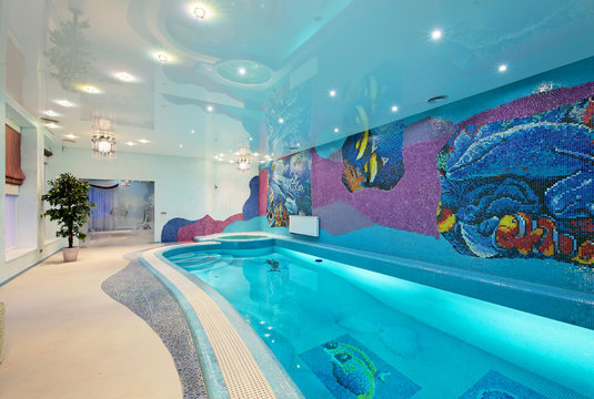 Interior design in spa zone with mosaic swimming pool