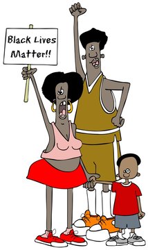 Illustration of a family shouting and holding up a protest sign.