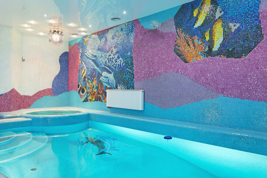 Swimming pool design with mosaic fish on the wall