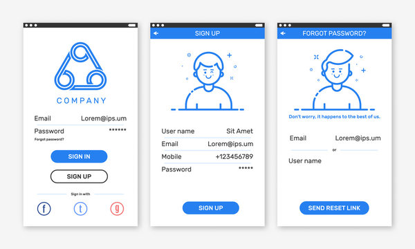 Vector Illustration of onboarding app screens. Material Design UX, UI GUI screen layout with login screens including account Sign In, Sign Up, Forget password for mobile apps and responsive Website.