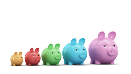 Multicolored piggy banks isolated on white background. 3d render