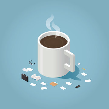 Isometric vector illustration of coffee break during working day concept. Big cup of hot coffee surrounded by small business man tools: paper, document, glasses, case, phone, pen, folder, stock rates.