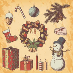 Christmas or New year hand drawn colored vector illustration. Attributes and Symbols sketch, vintage style, snowman, wreath, branch, ornaments, gifts, candles, sock. Bright brown grunge paper