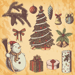 Christmas or New year hand drawn colored vector illustration. Attributes and Symbols sketch, vintage style, snowman, fir-tree, branch, ornaments, gifts, bow, bells. Bright brown grunge paper