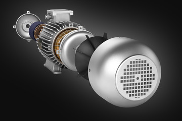 Electric motor in detail on black gradient background 3d