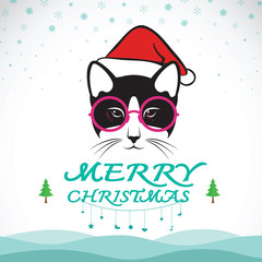 Vector merry christmas greeting cat card on white background.
