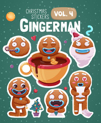 Set of christmas stickers with expressive gingerbread man cookies.