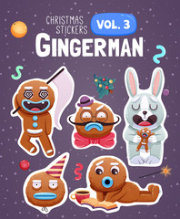 Set of christmas stickers with expressive gingerbread man cookies.