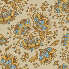 Floral ethnic seamless pattern  in beige and light blue colors.  Folk ornament. Vector illustration