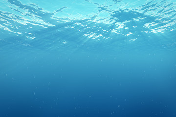 3d rendering underwater sea, ocean surface with light rays, high resolution