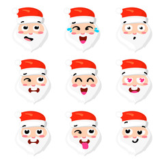 Christmas Set - six emotion faces of santa. Vector cartoon illustration. Santa Claus expression emoticons face icons cute style. Vector clip art Eps 10.