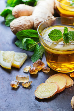 Ginger tea in a glass for flu cold winter days