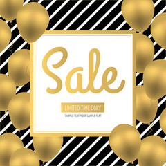 Sale banner. Golden Luxury Balloons on Striped Background and Trendy Square Frame. Seasonal sales. Place text. Vector sales poster, flyer, template, label, badge, design. Limited time.