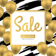 Sale banner. Golden Luxury Balloons on White Background with Black Hand Drawn Stripes and Gold Square Frame. Seasonal sales. Place your text. Vector sales poster, flyer, template, label, badge, design