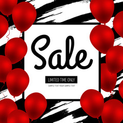 Sale Template Design. Red Luxury Balloons on White Background with Stripes and Trendy Square Frame. Seasonal sales. Space for text. Vector sales poster, flyer, template, tag, label, badge.